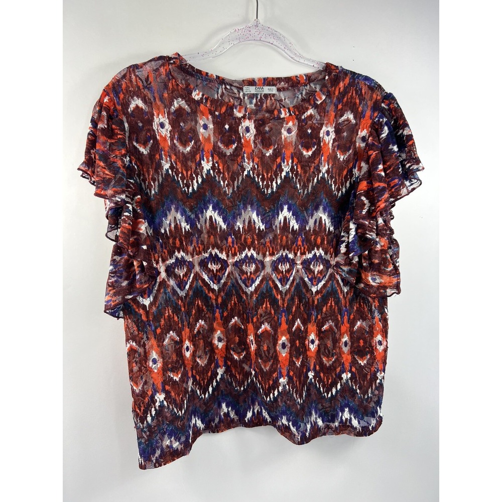 Zara Blouse Womens Sz L Multi Ruffle Batwing Sleeve Sheer Stretch Orange Burgund